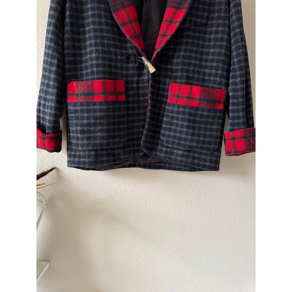 Vtg Ralph Lauren Lambs New Wool  Red Tartan Plaid Festive Blazer Horn Toggle M - Picture 3 of 16